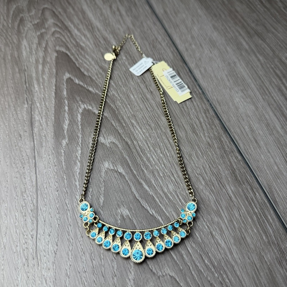 2028 Jewelry Gold Tone Turquoise Blue Crystal Rhinestone Statement Bib Necklace